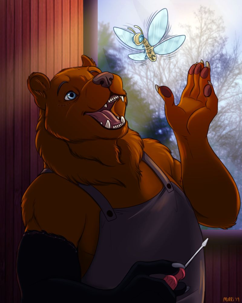 picture of an anthro-bear, with a blue overall and a black arm. He smiles and has a screwdriver in one hand. The other just opens to let a butterfly free. The Butterfly is made of brass and ether energy.