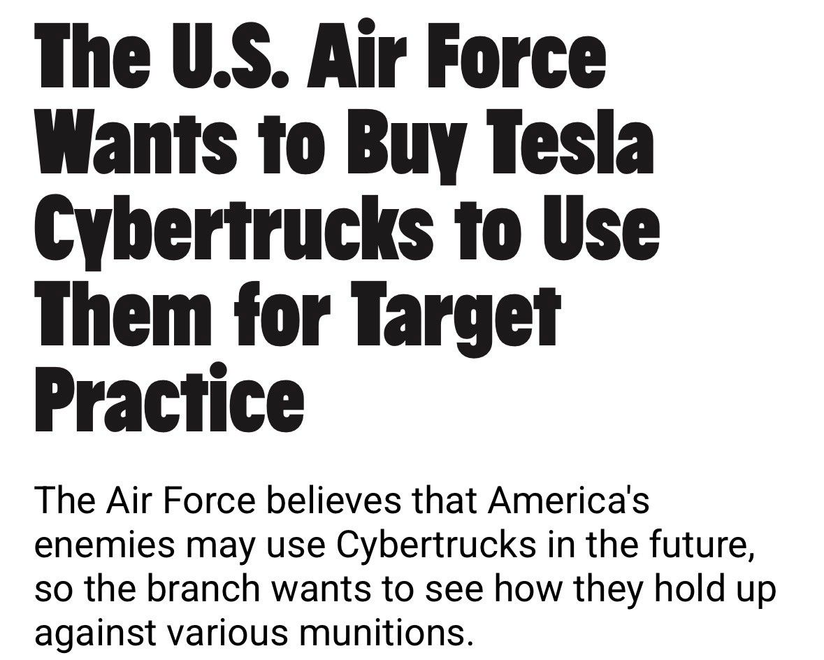 The U.S. Air Force Wants to Buy Tesla Cybertrucks to Use Them for Target Practice
The Air Force believes that America's enemies may use Cybertrucks in the future, so the branch wants to see how they hold up against various munitions.