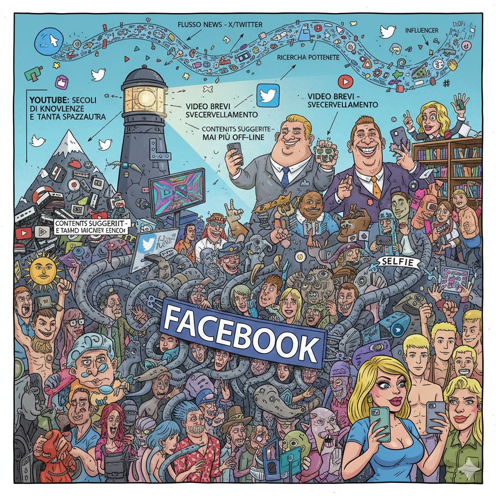 Immagine generata da Gemini con il seguente prompt: Fammi un'immagine ironica di un social sullo stile dei disegni di Morvillo in cui ci sono: la folla immensa di persone che sta su Facebook il flusso ininterrotto di notizie che puoi trovare su X/Twitter le potenti funzioni di ricerca presenti su X/Twitter gli influencer presenti sui social i video brevi utili a farsi spappolare il cervello gli algoritmi che ti suggeriscono continuamente contenuti & utenti che ti tengono incollato alle piattaforme i "secoli" di video caricati su Youtube con tutta la loro smisurata quantità di conoscenza (frammista beninteso anche a tanta spazzatura) brutta gente con l'espressione minacciosa, cosplay di militari e ragazzi biondissimi che adorano il dio sole belle donne che si fanno i selfie