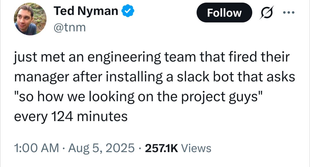 Ted Nyman @tnm
just met an engineering team that fired their manager after installing a slack bot that asks "so how we looking on the project guys" every 124 minutes

1:00 AM - Aug 5, 2025 - 2571K Views
