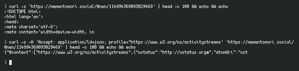 Kahden curl-komennon vertailu. Ensimmäisessä noudan tuuttaukseni sellaisenaan sen osoitteesta ja saan HTML-tiedoston, toisessa lisään HTTP-pyyntöön otsakkeen -H 'Accept: ...json...' ja saan JSON-tiedoston.