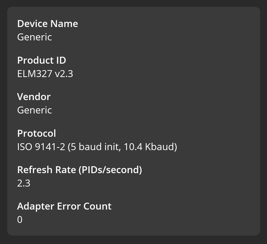 OBDFusion app detected WiCAN Pro as Generic device, running as ELM327 v2.3 with ISO 9141-2 (5 baud init, 10.4 Kbaud) protocol at 2.3 PIDs/second refresh rate