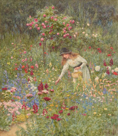 A girl in a white dress holds a basket and picks flowers in a garden.