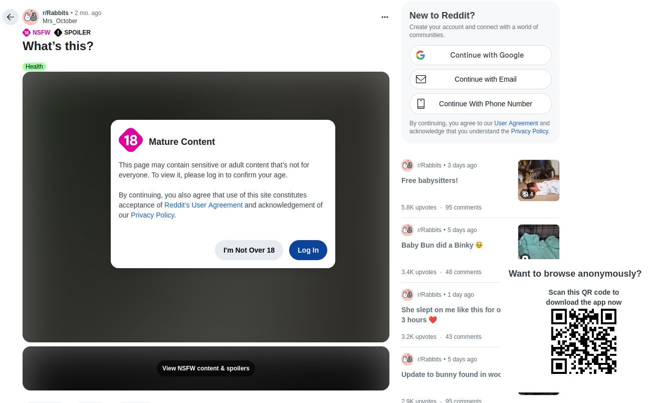 Screenshot of a reddit post from the Rabbits subreddit, with a Mature Content warning.
Choices are "I'm not over 18", which sends you back to the home page, or "Log in"...... OR... bottom right of the page "Want to browse anonymously?" with a QR code that goes to some app store link.