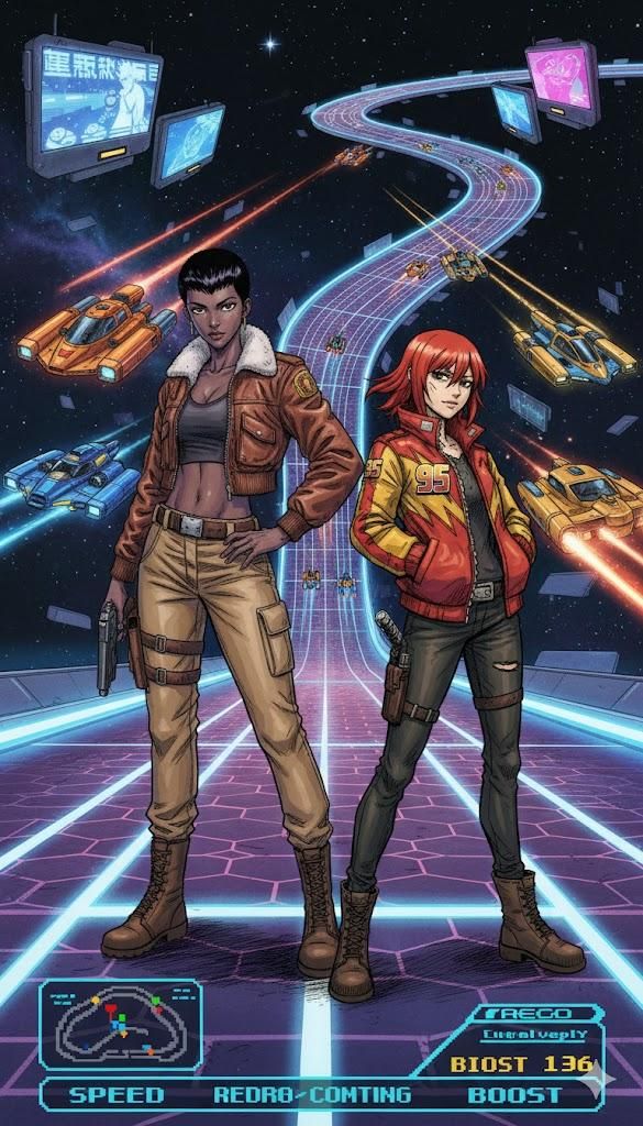 "Na vibe total dos games retrô, a Kayo Vega, inspirada na Pablo Vittar, tá na moral com jaqueta marrom, top e calça cargo, pistola na mão, pronta pra ação. Do lado dela, a Hot Wheels Girl, criada a partir de um NFT de carrinho de corrida, com jaqueta vermelha e amarela cheia de estilo, pose confiante e faca na cintura. Tudo isso num cenário espacial que lembra muito o clássico F-Zero do S.Nes, com pista futurista brilhando em neon, carros de corrida voando e telas flutuantes mostrando a corrida frenética. No cantinho, o HUD com mapa, velocidade e boost, trazendo aquele feeling old school de arcade."