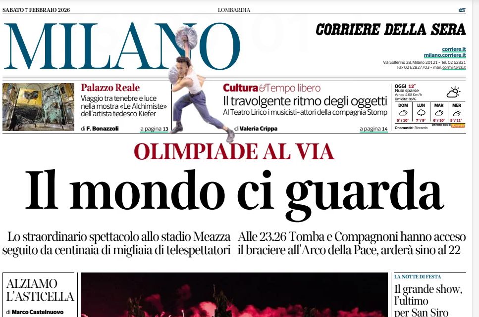 prima pagina del Corriere milano

Il titolo dice

Olimpiade al via
Il mondo ci guarda

Lo straordinario spettacolo allo stadio Meazza Alle 23.26 Tomba e Compagnoni hanno acceso seguito da centinaia di migliaia di telespettatori il braciere all'Arco della Pace, ardera' sino al 22