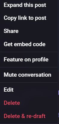 Drop down menu tofr actions realted to infosec.exchange posts.