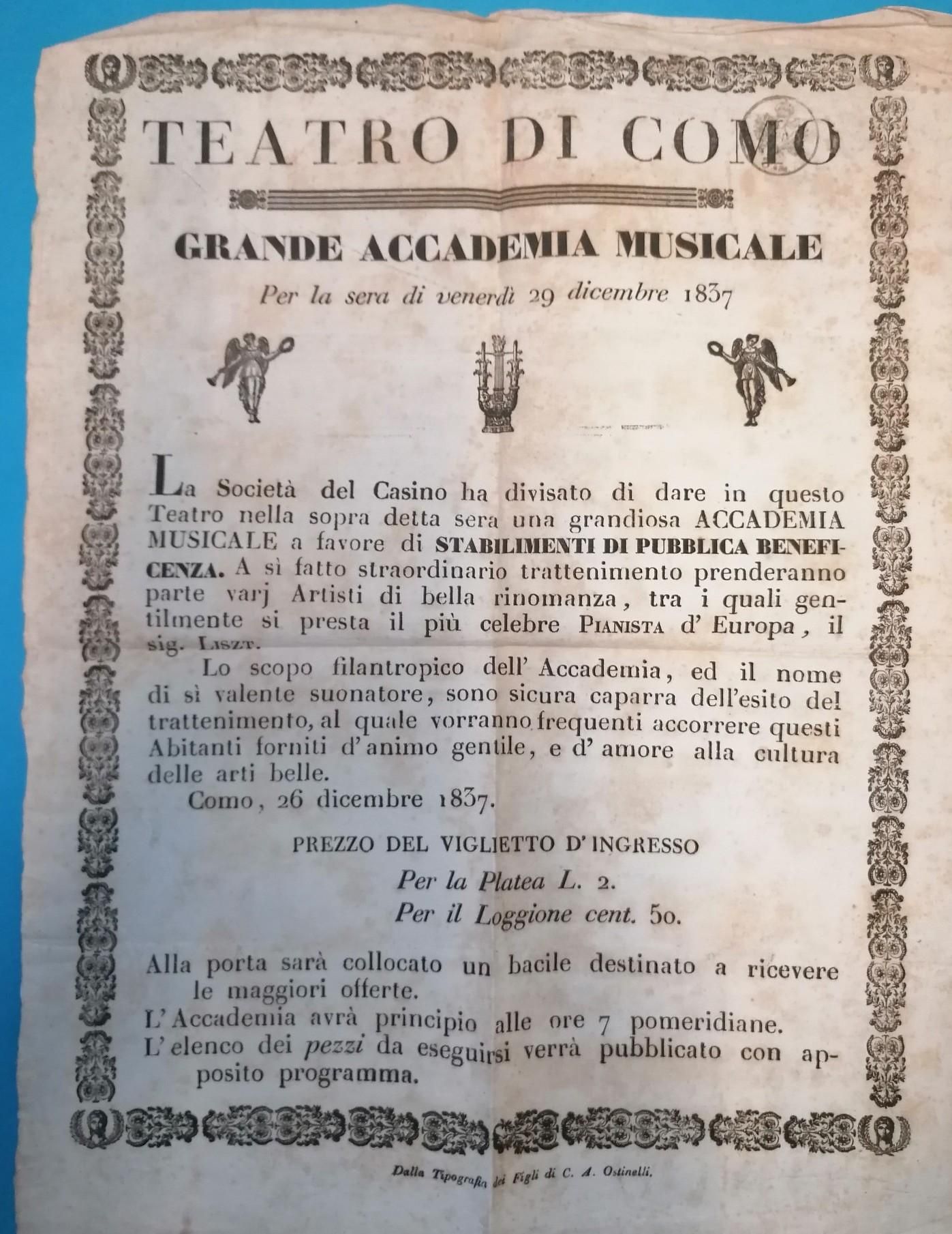 Manifesto del Teatro di Como, 26 dicembre 1837.