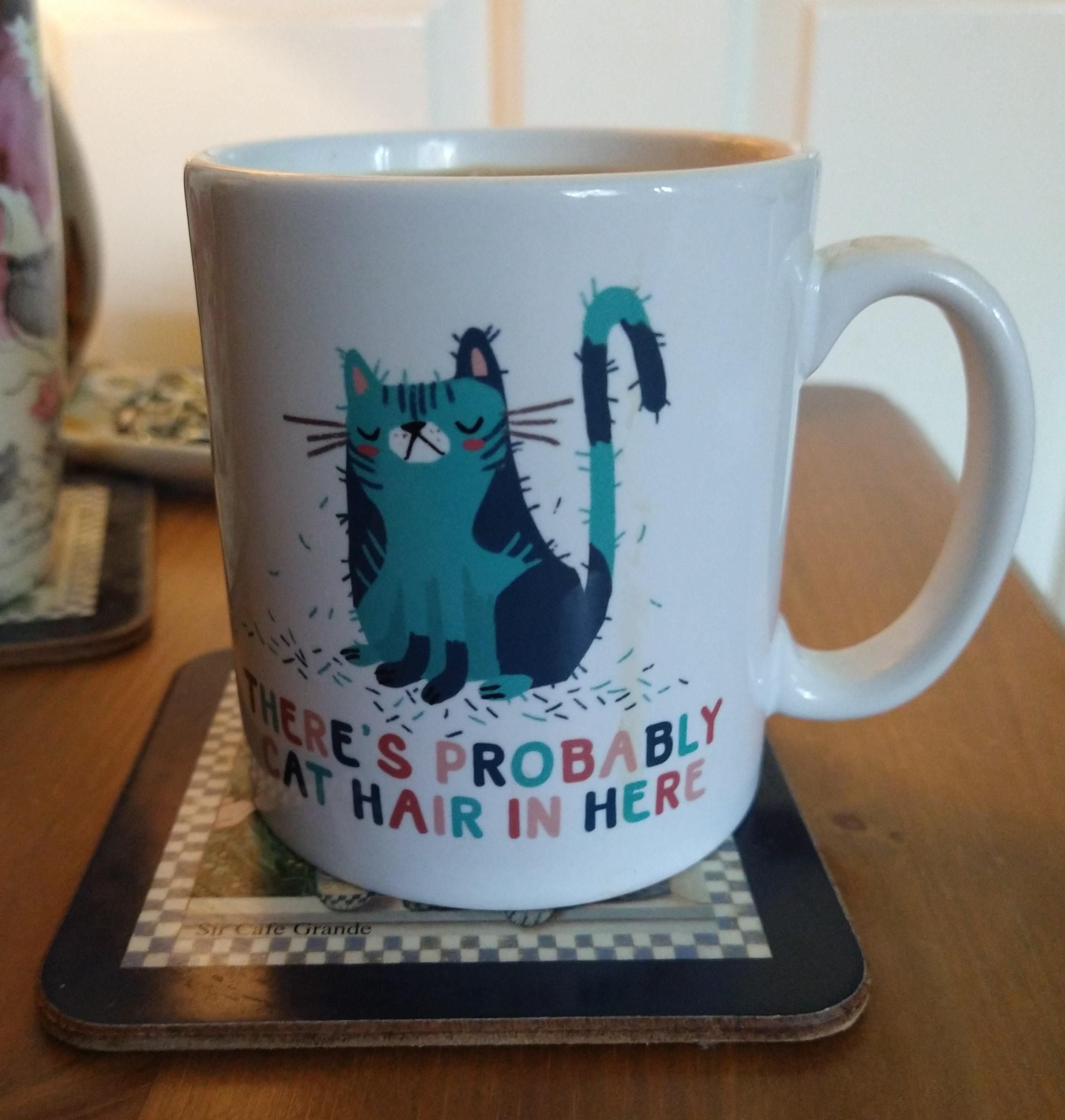 Mug of tea on a bedside cabinet, it has a scruffy looking blue cat with a long tail, above the words 'there's probably cat hair in here' 