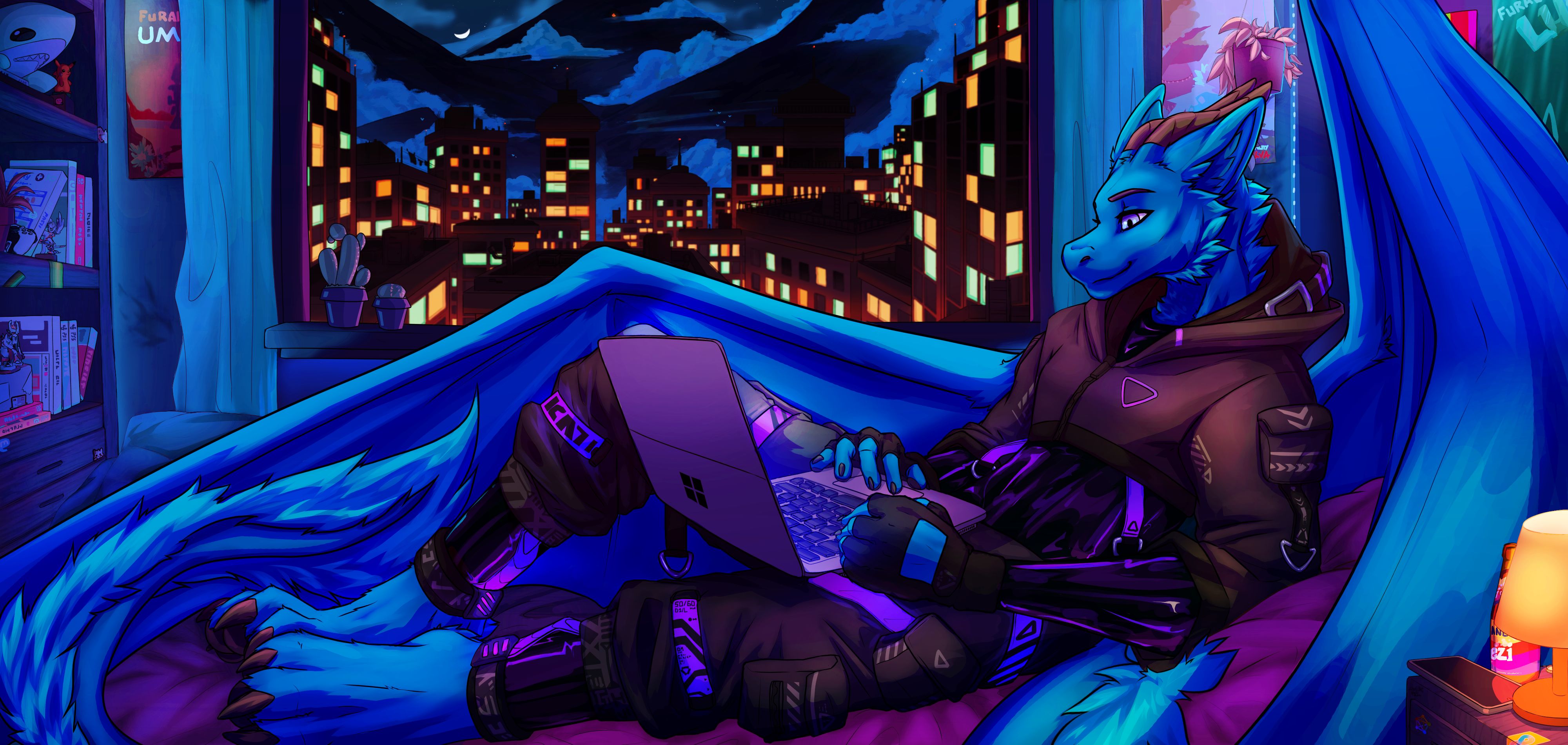 A shaded drawing of my blue fluffy dragon wearing techwear mixed with latex, lying on his bed and doing something on his Surface Laptop Studio. In the background you see, among other things, a big window with a view of a city, three mountains, some birds, and the moon. The room is full of small details, e.g., some games, Amiibos, a Blåhaj, three Furality posters, some plants, and burn marks on the wall.