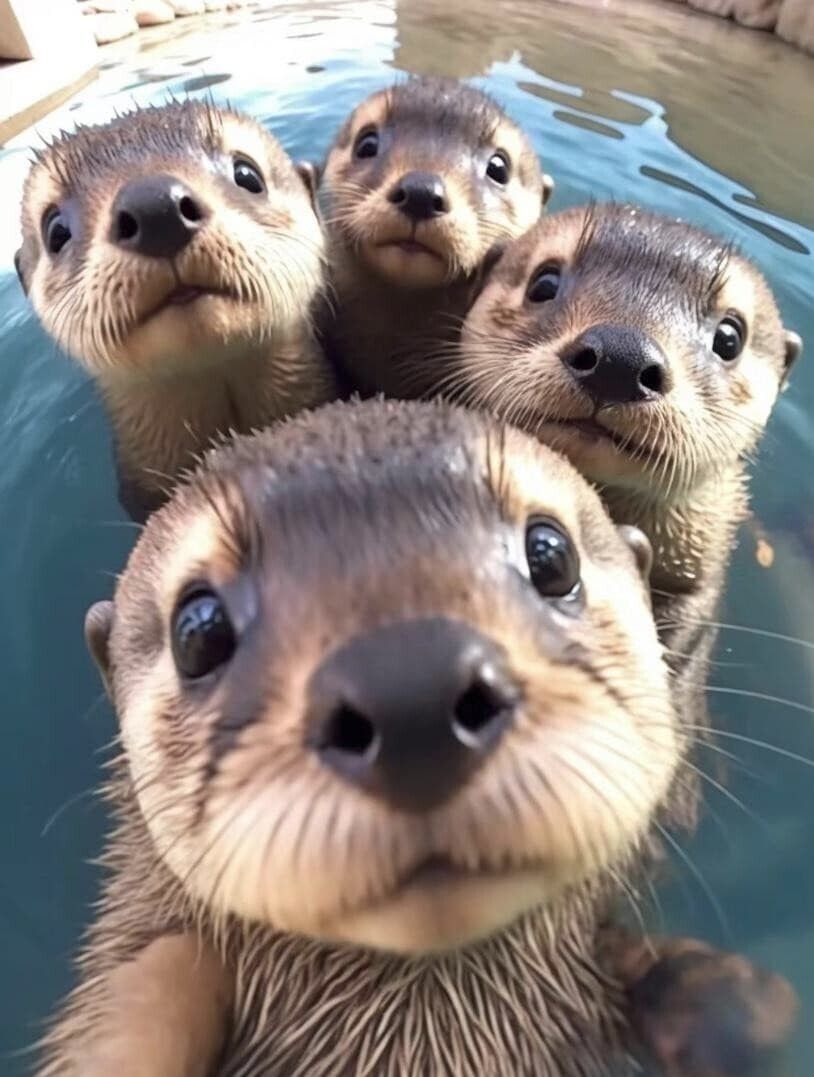Quatre jeunes loutres captives passent la tête hors de l'eau face à l'objectif  du photographe