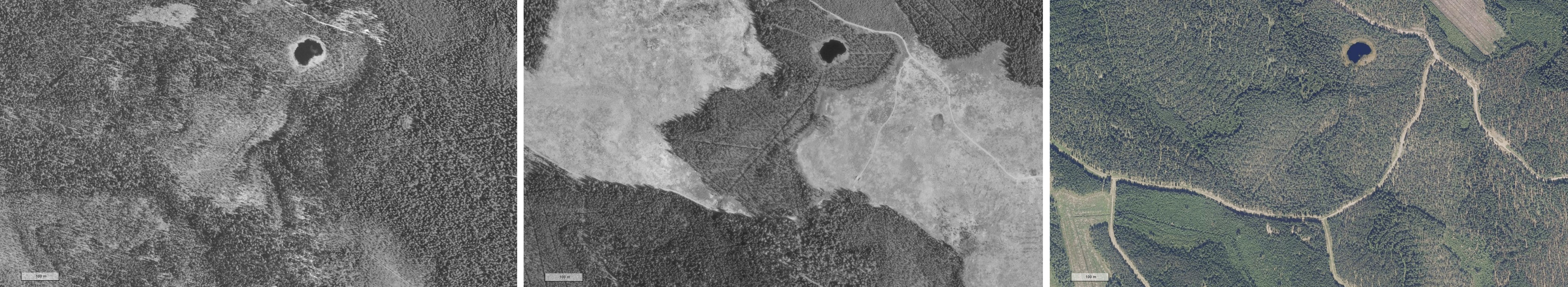 Kolmen ilmakuvan aikasarja, jossa näkyy ojitettu suo 1959, sama paikka 1982 avohakkuiden ympäröimänä ja nykytilanne, jossa ojitettua suota peittää kookas puusto ja ympäröivissä metsissä näkyy harvennusten ajouria ja ojia.