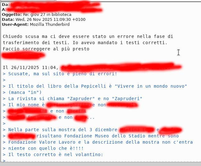 L'immagine è uno screenshot della mail riportata nel post con le parti cancellate da un tratto rosso.