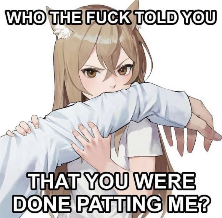 anime cat girl biting someone's arm, the text says "who the fuck told you that you were done patting me?"