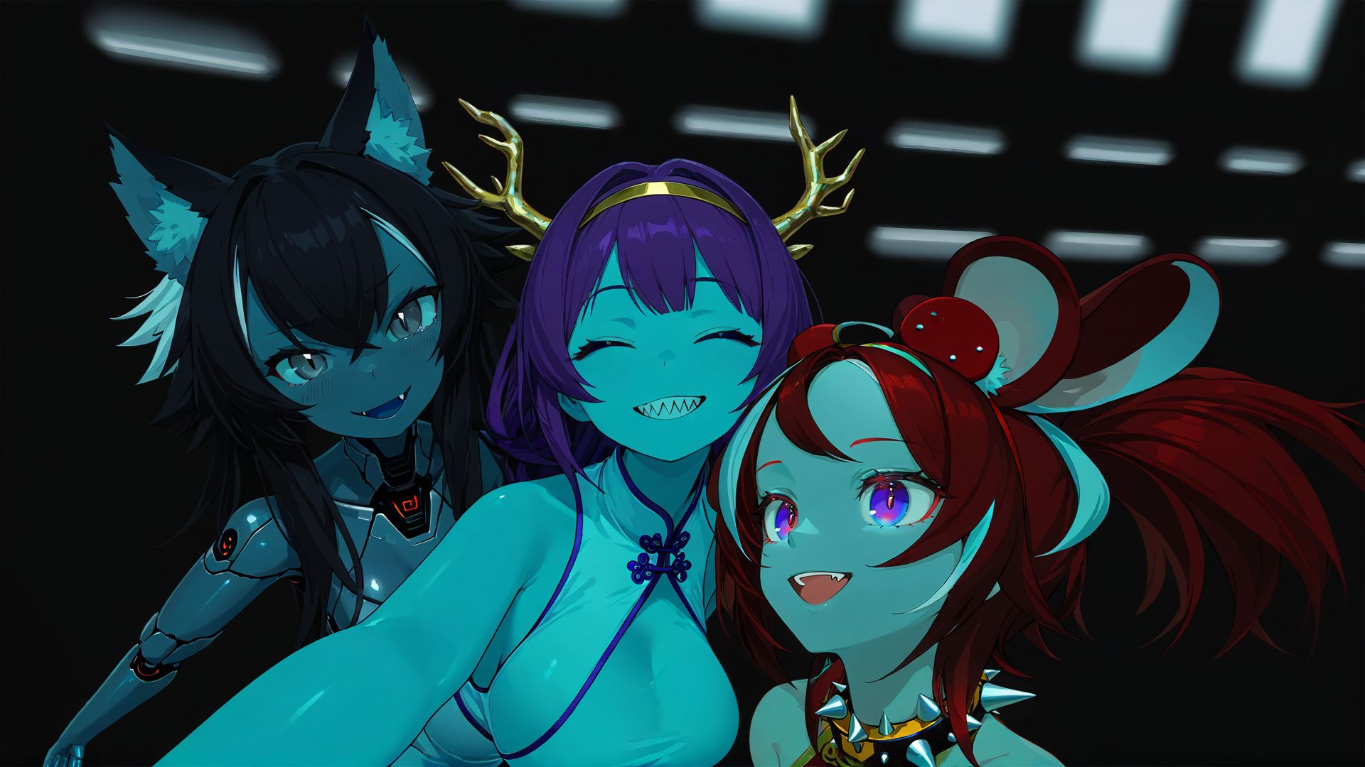 A group selfie of three. The one on the left a robot humanoid with wolf ears looking at the camera. The one in the center holding the camera with one hand, a big toothie, shark-like smile on their face, their eyes closed with large horn-antlers. The one on the right looking off into the upper distance with red and white hair, multicolored eyes and mouse ears, their mouth open looking off into the distance.