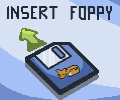 A pixel art drawing of a floppy disk with a fox sleeping drawn on it. There's a green arrow pointing from it to the top left. The text above the floppy disk reads "INSERT FOPPY" (L omitted)