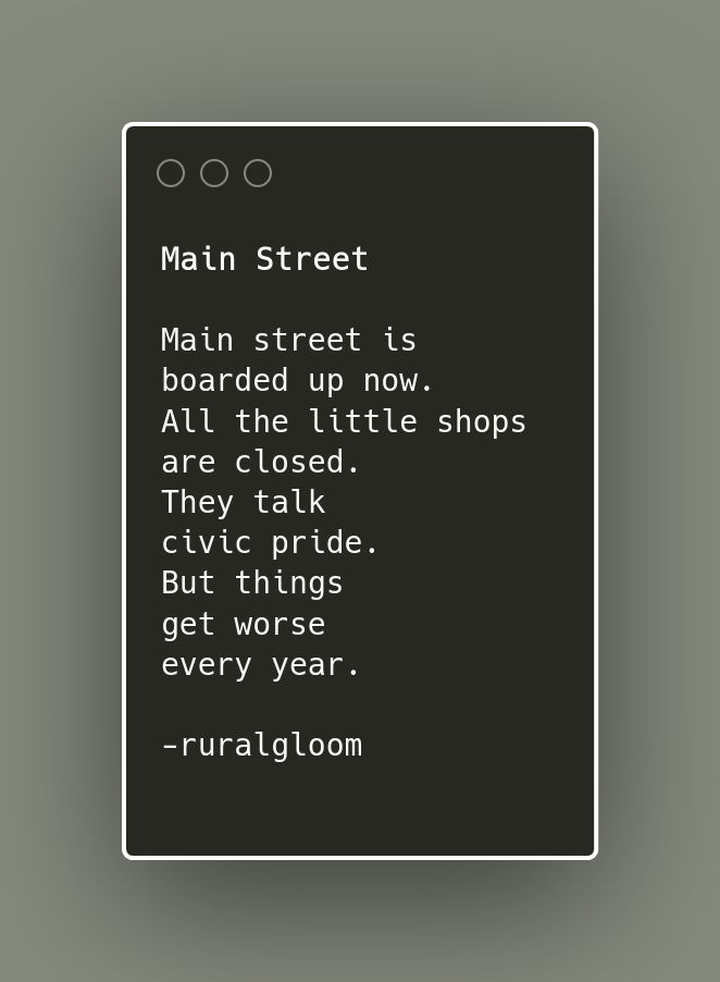 Main street is boarded up now. All the little shops are closed. They talk civic pride. But things get worse every year.
