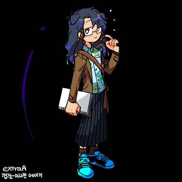 a picrew similar to my classic pfp. it's a white girl with oil slick blue scrunkly hair, large square glasses, and a long brown suit jacket on loosely. unlike the previous iteration, however, she is wearing a dark shin-length pleated skirt, brown socks, bright blue shoes, a brown shoulder strap, and a light blue Hawaiian shirt all buttoned up. she is holding a white laptop in one hand at her side, and the Grim Reaper's scythe in the other over her shoulder. there are dog ears on her head in addition to her normal human ears. her irises are diamond shaped and she is making a nervous but happy smile with her mouth and eyebrows. 