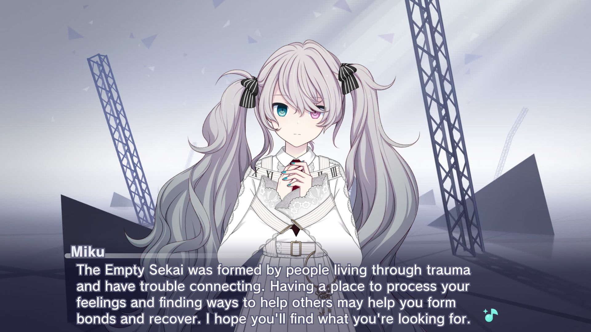 Made from Project Sekai's story board, in the Empty Sekai, 25Miku says "The Empty Sekai was formed by people living through trauma and have trouble connecting. Having a place to process your feelings and finding ways to help others may help you form bonds and recover. I hope you'll find what you're looking for."
