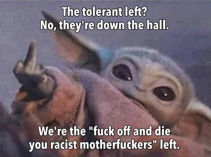 Baby Yoda raising his middle finger. The caption reads, "The tolerant left? No, they're down the hall. We're the "fuck off and die you racist motherfuckers" left."