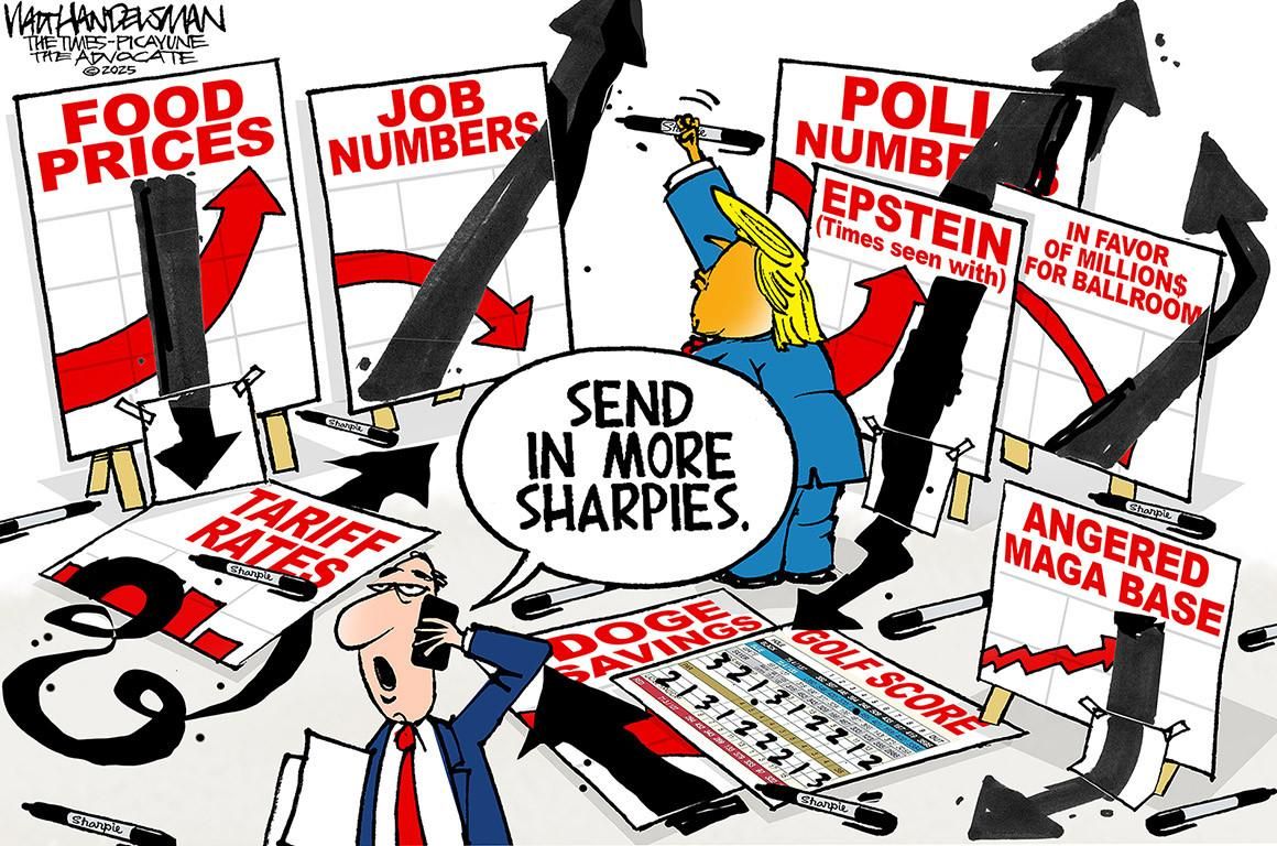 Cartoon showing trump manipulating numbers using a Sharpie