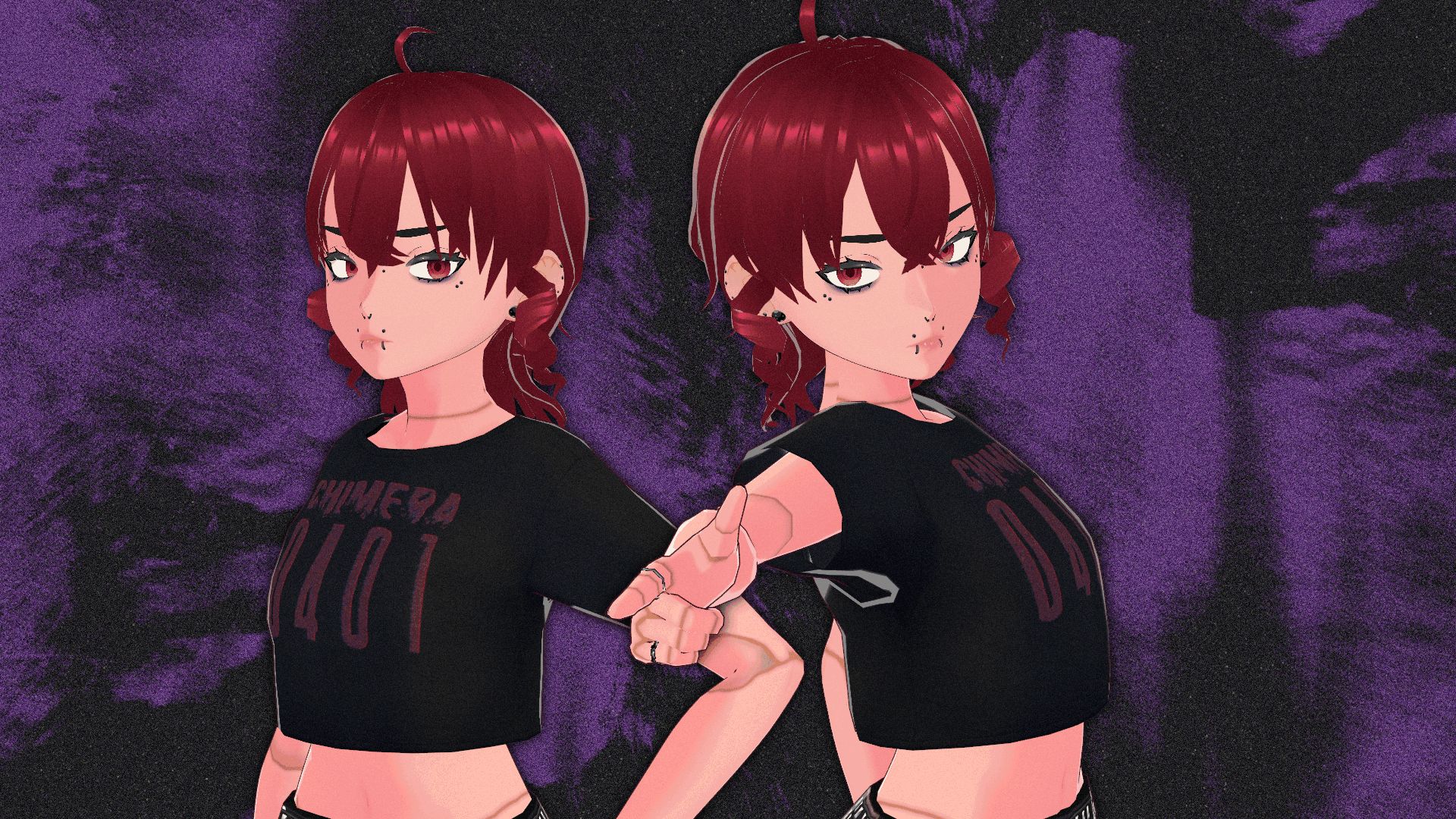 two renders of kasane teto superimposed upon a purple and black grungy background. the teto on the right is pointing to the camera's left, while the left teto has her left hand on her hip as she looks at the camera in a 3/4 pose. Her shirt says "Chimera 0401." She has creases in all her joints like a doll, and her iconic twindrills are subdued to her sideburns rather than big twindrill ponytails.