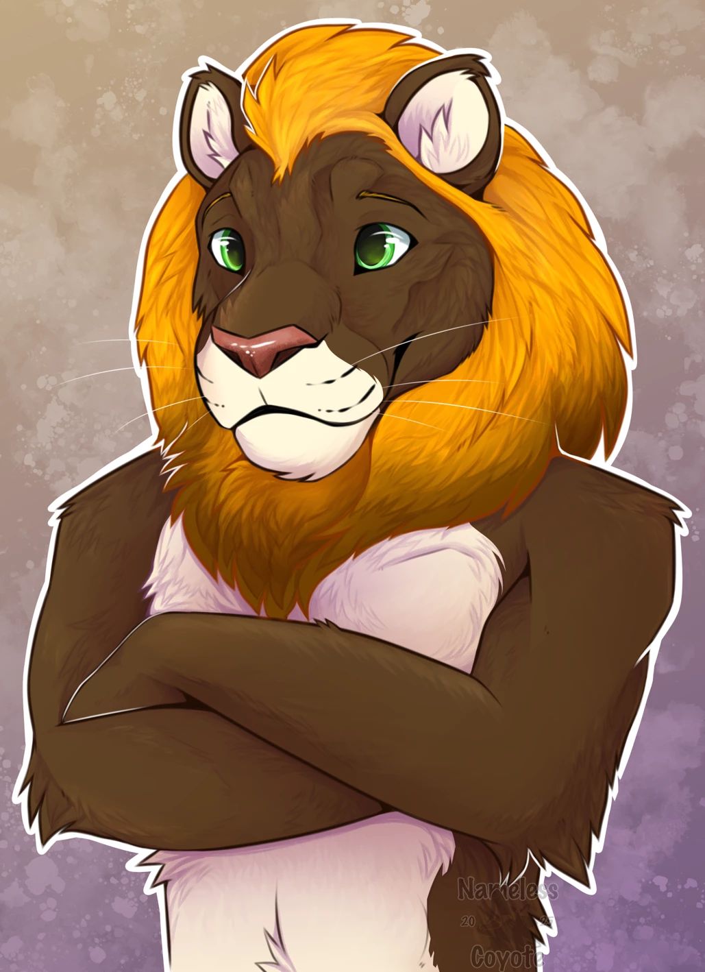 A male anthro lion with brown fur, a golden mane, and bright green eyes is standing with his arms crossed. He has a friendly smile