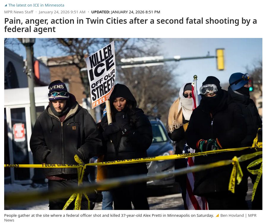 Pain, anger, action in Twin Cities after a second fatal shooting by a federal agent
People gather at the site where a federal officer shot and killed 37-year-old Alex Pretti in Minneapolis on Saturday.
Ben Hovland | MPR News
