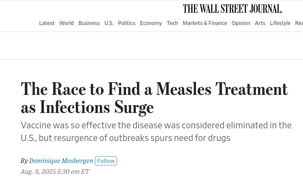WSJ Journal: The Race to Find a Measles Treatment as Infections Surge