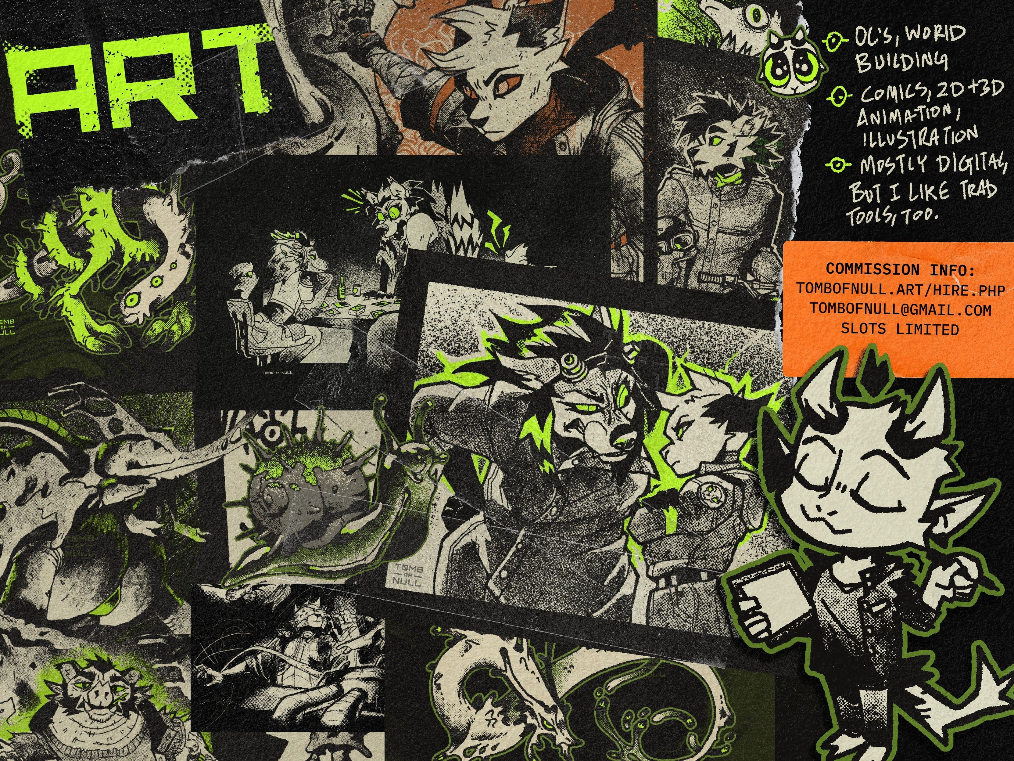 A grungy collage of various illustrations, featuring all sorts of odd creatures and animal folk. There is a sort of organic yet sci-fi-ish quality to them. 

Text: Art
- OC's [original characters], world building
- Comics, 2D+3D animation, illustration
- Mostly digital, but I like trad tools, too. 