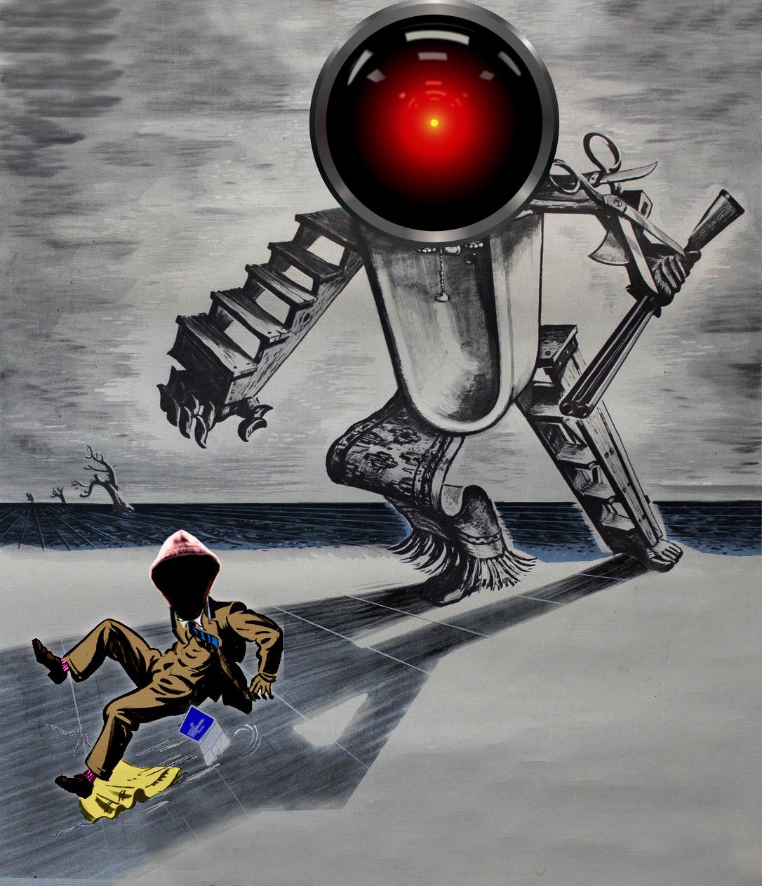
A giant junkbot made of, variously, a ladder, a bathtub, a set of rickety stairs, a slippery rug, a pair of scissors. It brandishes a double-barreled shotgun. Its head is the glaring red eye of HAL 9000 from Stanley Kubrick's '2001: A Space Odyssey.' It is bearing down on a male suited figure who is in the process of slipping and falling on his ass. His head has been replaced by a hoodie, which casts his face into shadow. He has lost control of a laptop that is about to fall to the ground. It displays a Windows Blue Screen of Death. 


Image:
Cryteria (modified)
https://commons.wikimedia.org/wiki/File:HAL9000.svg

CC BY 3.0
https://creativecommons.org/licenses/by/3.0/deed.en