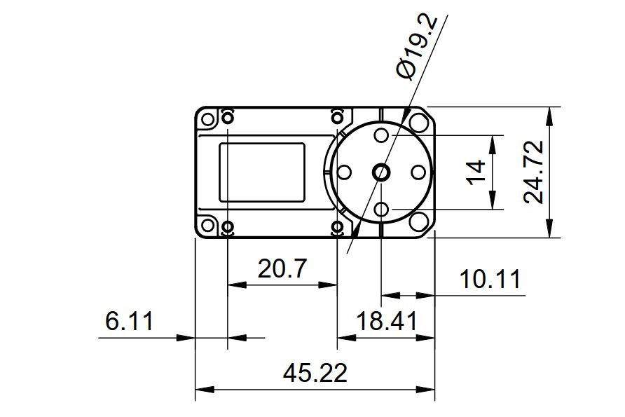 line drawing of a servo with numerous, even redundant, measurements marked for all of the various mounting holes