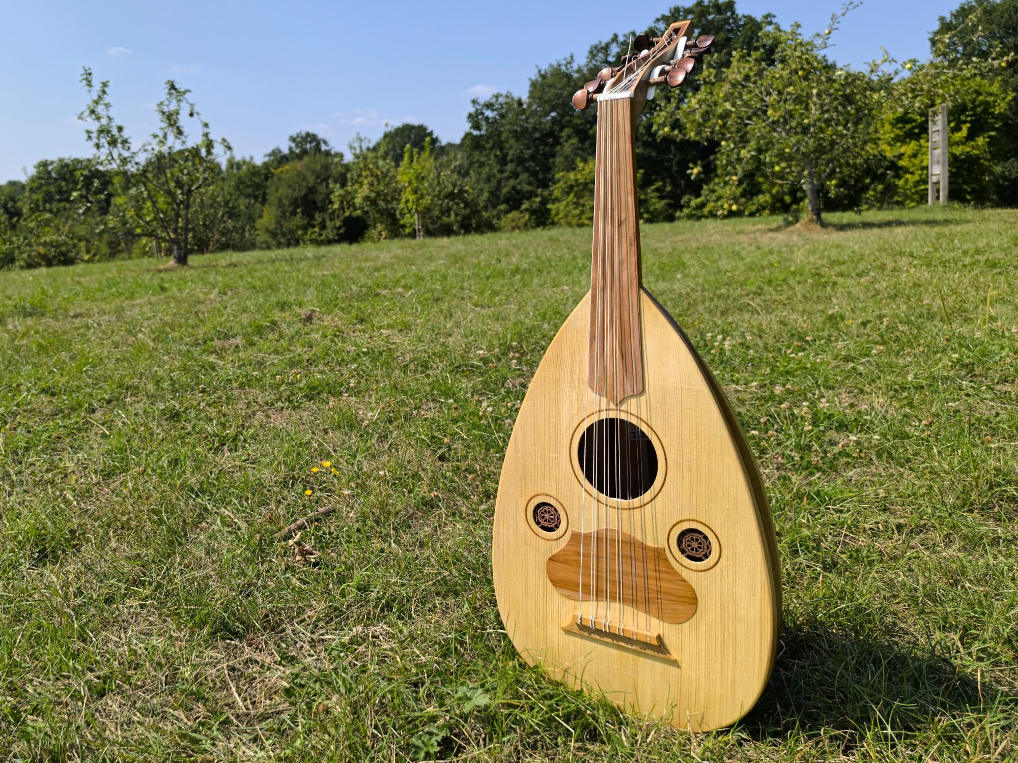 An oud I built, standing upright in a field full of apple and quince trees.