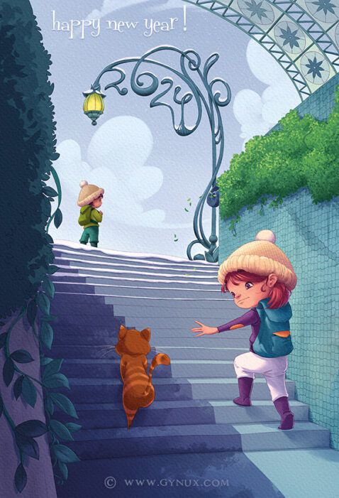 Two characters walking up stairs from something that could be a subway station.