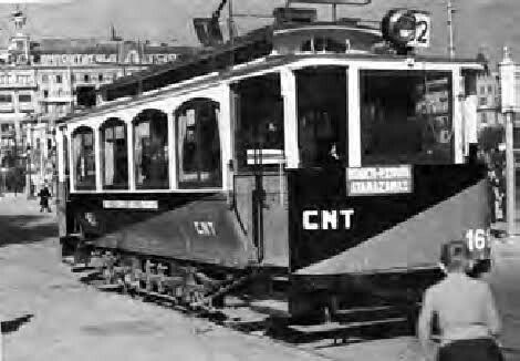 Tram that was collectivised by the anarcho-syndicalist trade union CNT during the Spanish Civil War in Barcelona's Plaça de Catalunya.