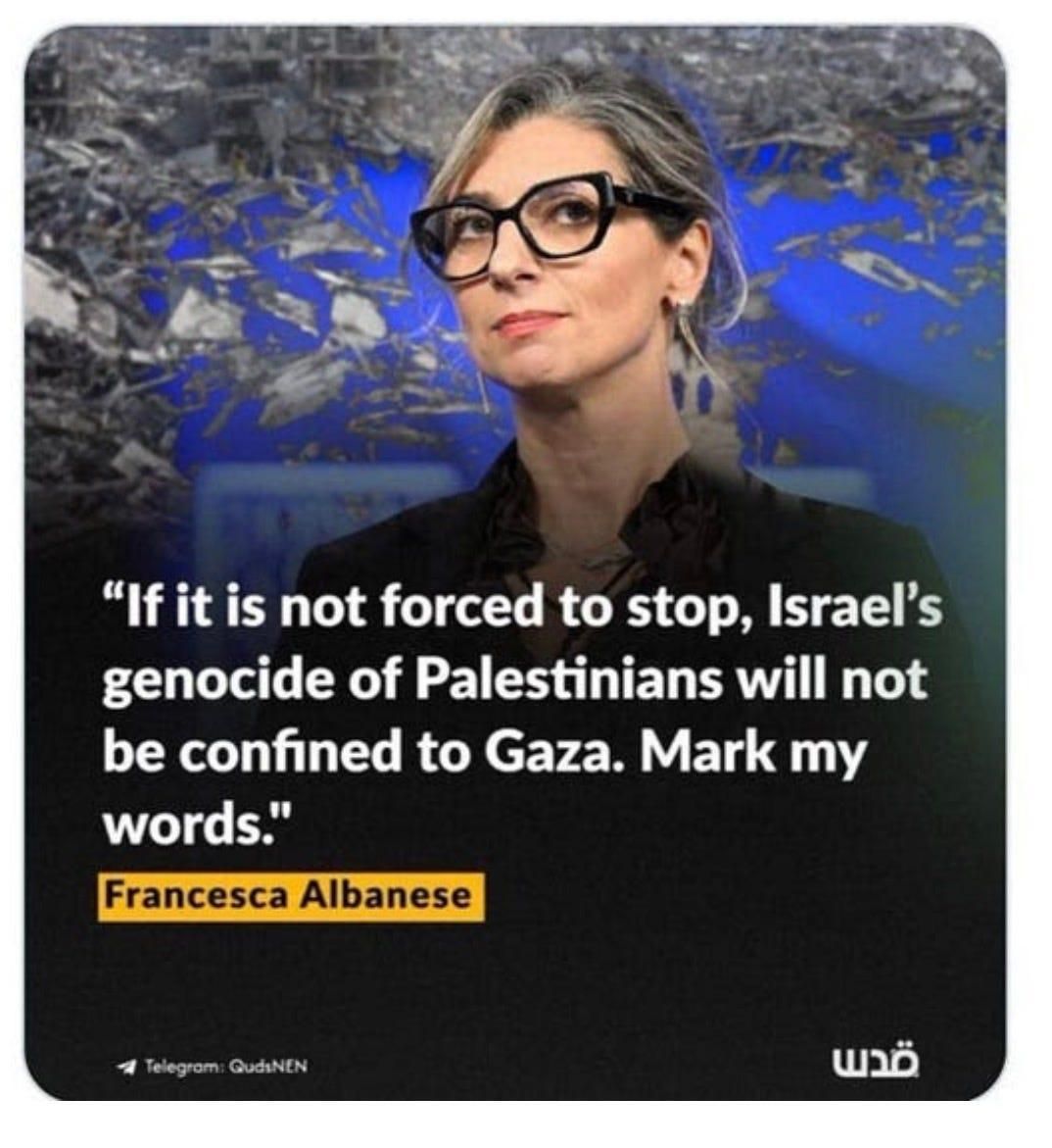 Photo de Francesca Albanese. Avec cette citation :

 " Si on n'oblige pas Israël pas à y mettre fin, le génocide des Palestiniens ne se limitera pas à Gaza. Je vous aurai prévenus "