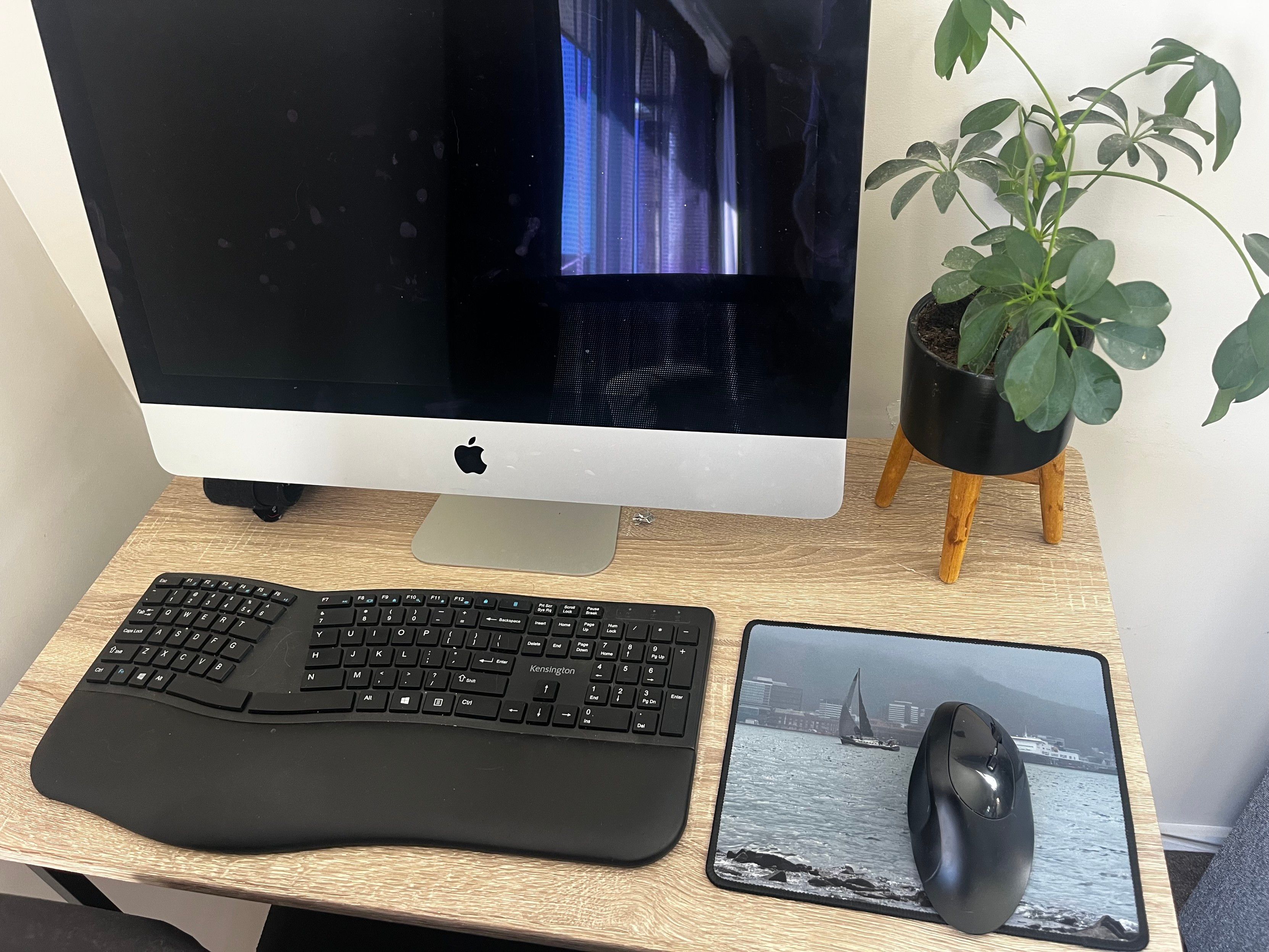 Older silver iMac computer with a black ergo keyboard, a potted plant on four legs, a black ergo mouse and the mouse is sitting on a mousepad featuring a picture of a yacht on Wellington Harbour on a misty day taken from Oriental Bay. This is all sitting on a light coloured wooden desk which is up against a plain white wall.