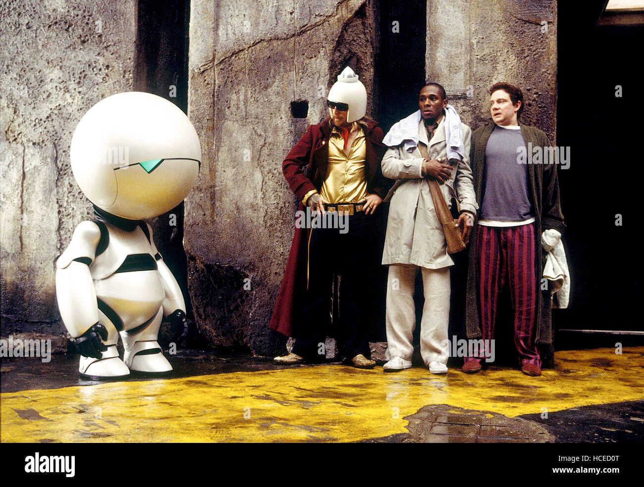 A still from the movie 'A Hitchhiker's Guide to the Galaxy' featuring Marvin the robot. 