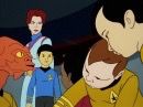 In  a Star Trek Animated Series episode, Captain Kirk, Spock, Sulu & Orex become young children. They are occupied with under the supervision of the wife of Commodore April.