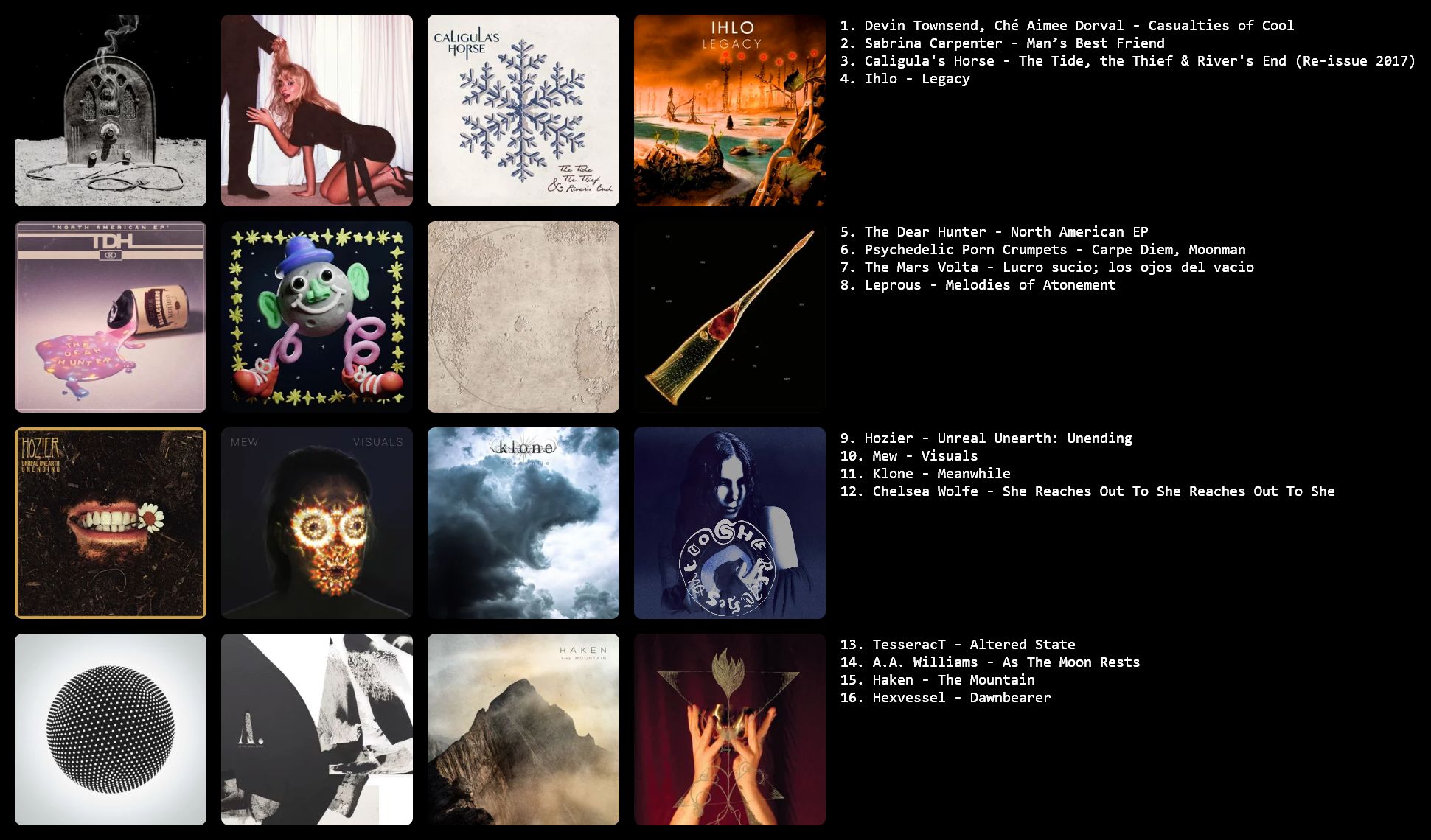 1. Devin Townsend, Ché Aimee Dorval - Casualties of Cool
2. Sabrina Carpenter - Man’s Best Friend
3. Caligula's Horse - The Tide, the Thief & River's End (Re-issue 2017)
4. Ihlo - Legacy

5. The Dear Hunter - North American EP
6. Psychedelic Porn Crumpets - Carpe Diem, Moonman
7. The Mars Volta - Lucro sucio; los ojos del vacio
8. Leprous - Melodies of Atonement

9. Hozier - Unreal Unearth: Unending
10. Mew - Visuals
11. Klone - Meanwhile
12. Chelsea Wolfe - She Reaches Out To She Reaches Out To She

13. TesseracT - Altered State
14. A.A. Williams - As The Moon Rests
15. Haken - The Mountain
16. Hexvessel - Dawnbearer