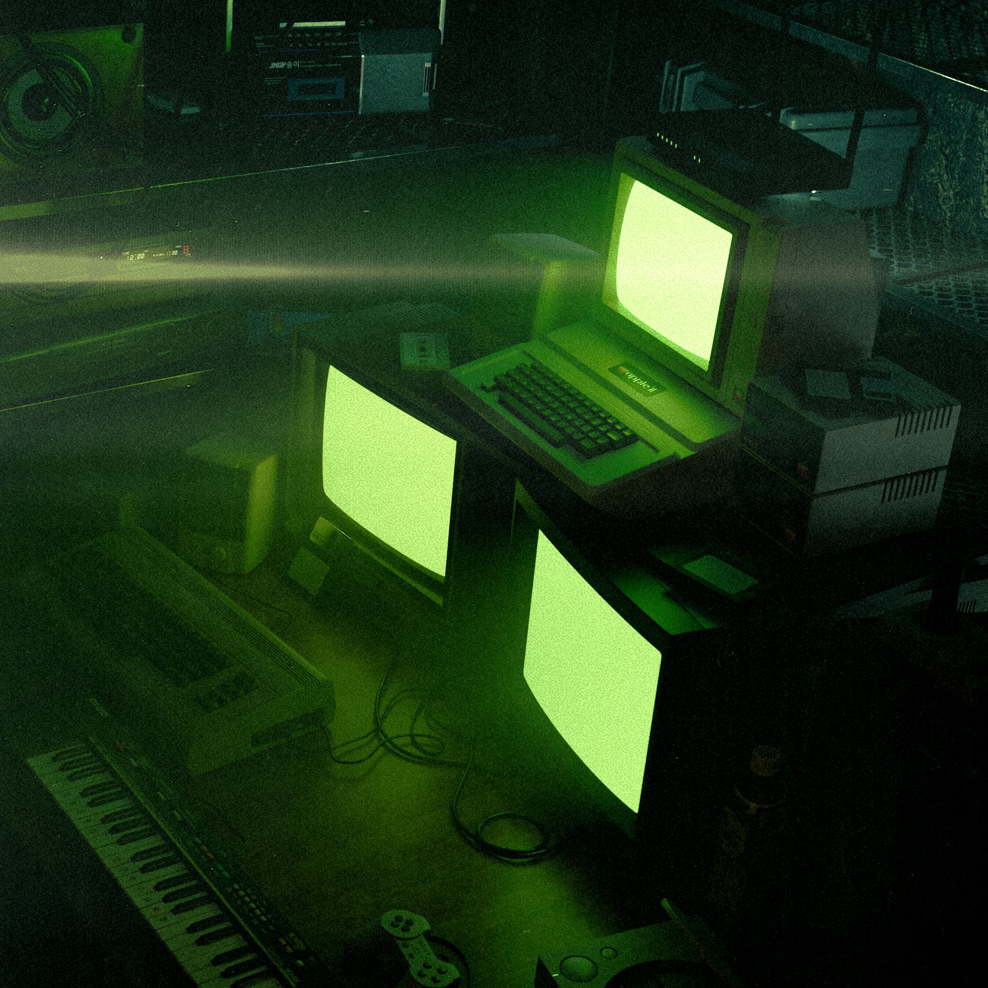 3d render of a dark and hazy room with storage shelves full of old radios and electronic equipment with in the middle a desk with 3 old computers with their screens emiting a green light. Oh the desk is also a bunch of speakers, keyboards, a synth and other random items