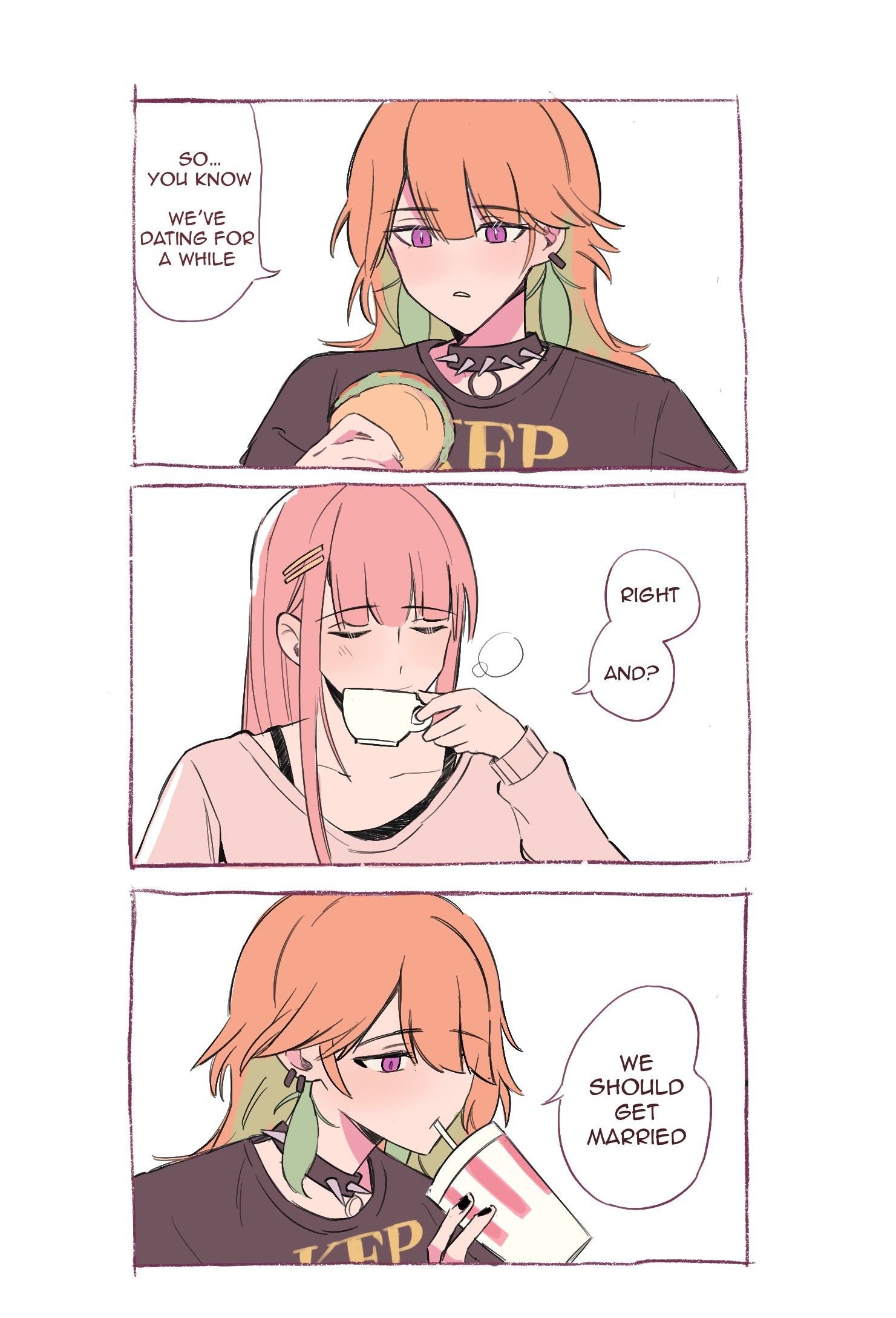 Danbooru tags: 2girls alternate_costume alternate_hairstyle amlichan choker collar comic commentary couple cup drinking drinking_straw drinking_straw_in_mouth earrings english_commentary english_text feather_earrings feathers gradient_hair highres holding holding_cup hololive hololive_english jewelry long_hair mori_calliope multicolored_hair multiple_girls orange_hair pink_hair spiked_choker spikes takanashi_kiara virtual_youtuber yuri