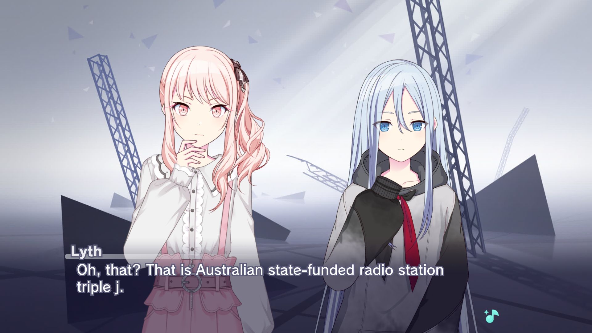 Lyth answers Mizuki's question with "Oh, that? That is Australian state-funded radio station triple j."