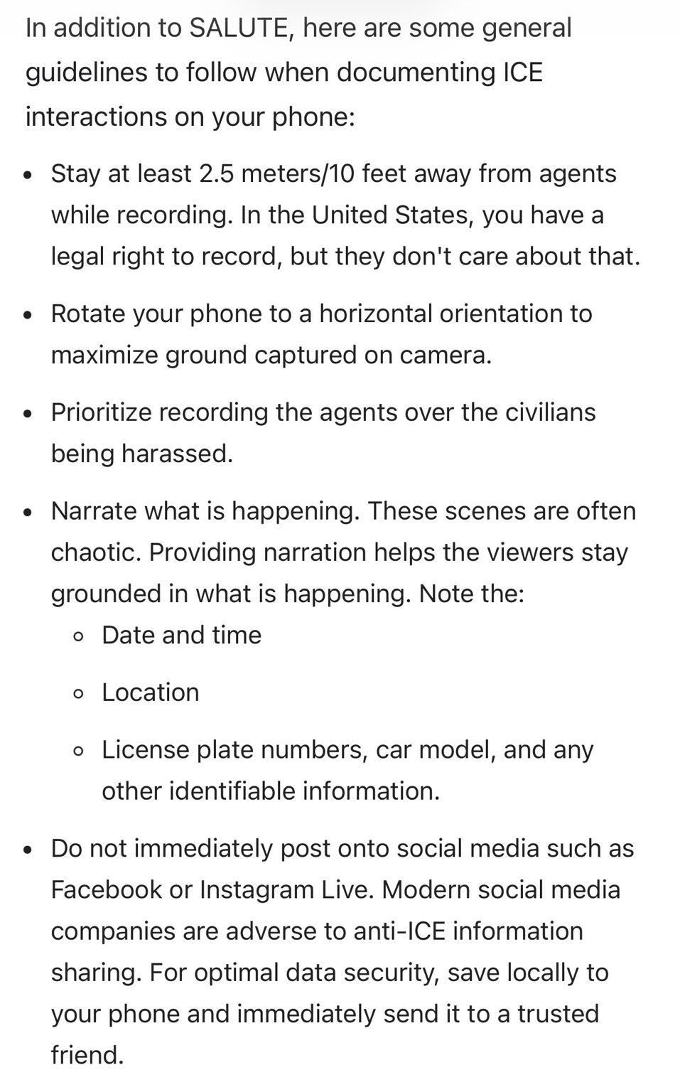 Screenshot from the website known as the “ICE List.” Regarding tips for video recording ICE agents.