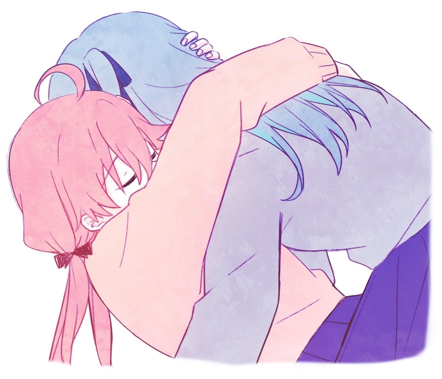 Danbooru tags: 2girls ahoge alternate_costume blue_hair closed_eyes highres hololive hoshimachi_suisei hug long_hair multiple_girls orange_sweater pink_hair purple_skirt purple_sweater sakura_miko simple_background skirt sweater twintails virtual_youtuber white_background yumi5469 yuri