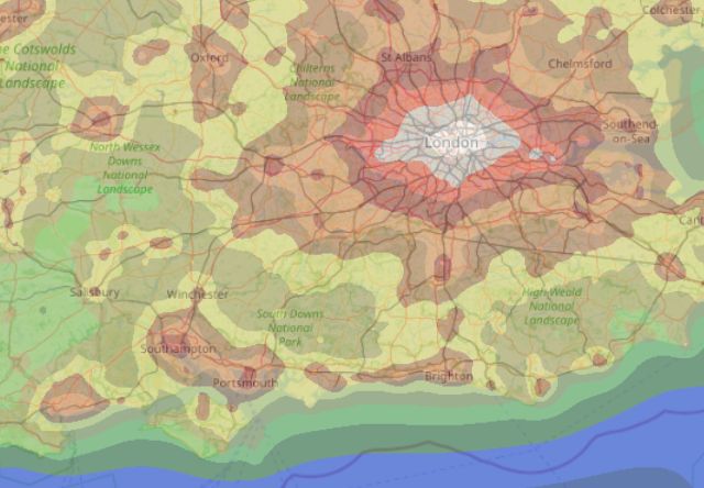 A light pollution map showing London, UK, and the area around.  It's all very light polluted until you go out into the ocean. Map from ClearDarkSky.com