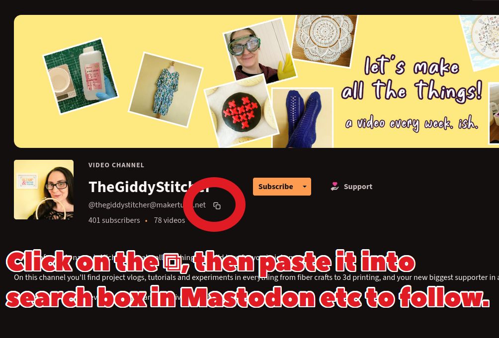 Screenshot of a PeerTube channel profile with the icon highlighted which copies the profile's Fediverse address. Below it is the caption "Click on the ⧉ (the copy icon), then paste it into search box in Mastodon etc to follow."