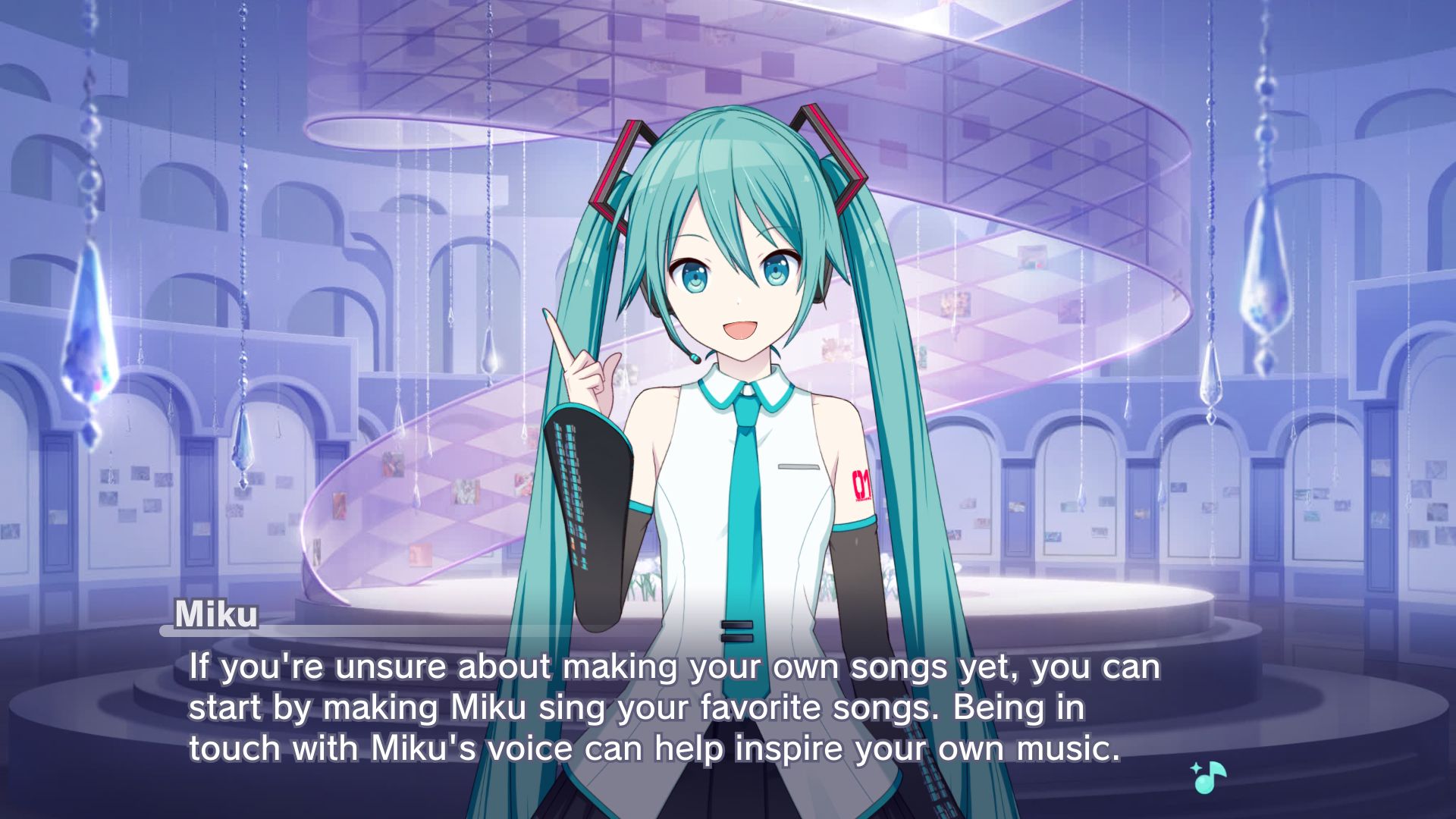 Made from Project Sekai's story board, in an abstract elegant spiral room, Hatsune Miku says "If you're unsure about making your own songs yet, you can start by making Miku sing your favorite songs. Being in touch with Miku's voice can help inspire your own music."