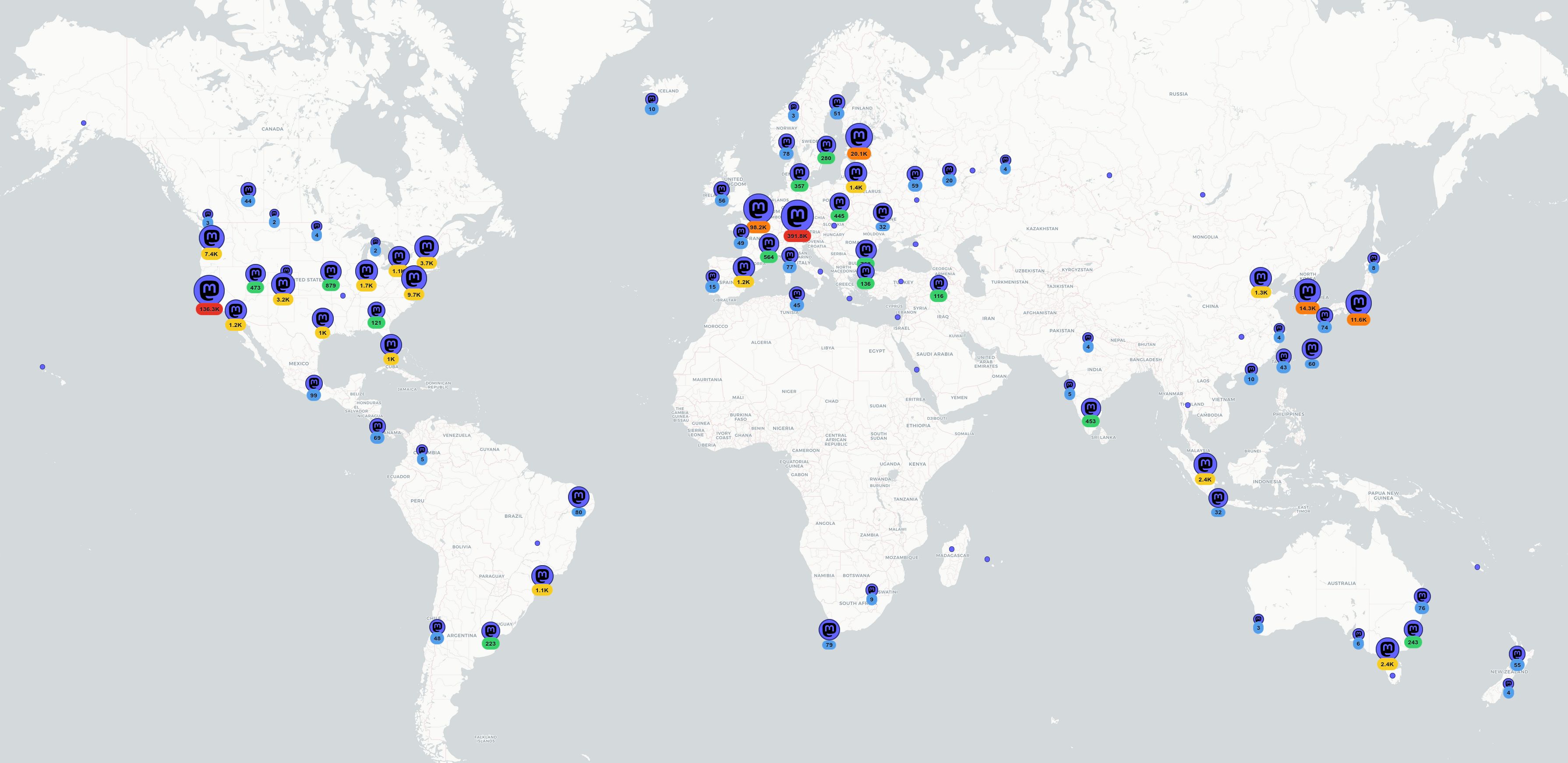 A screenshot of a map showing that Mastodon instances are located around the world.