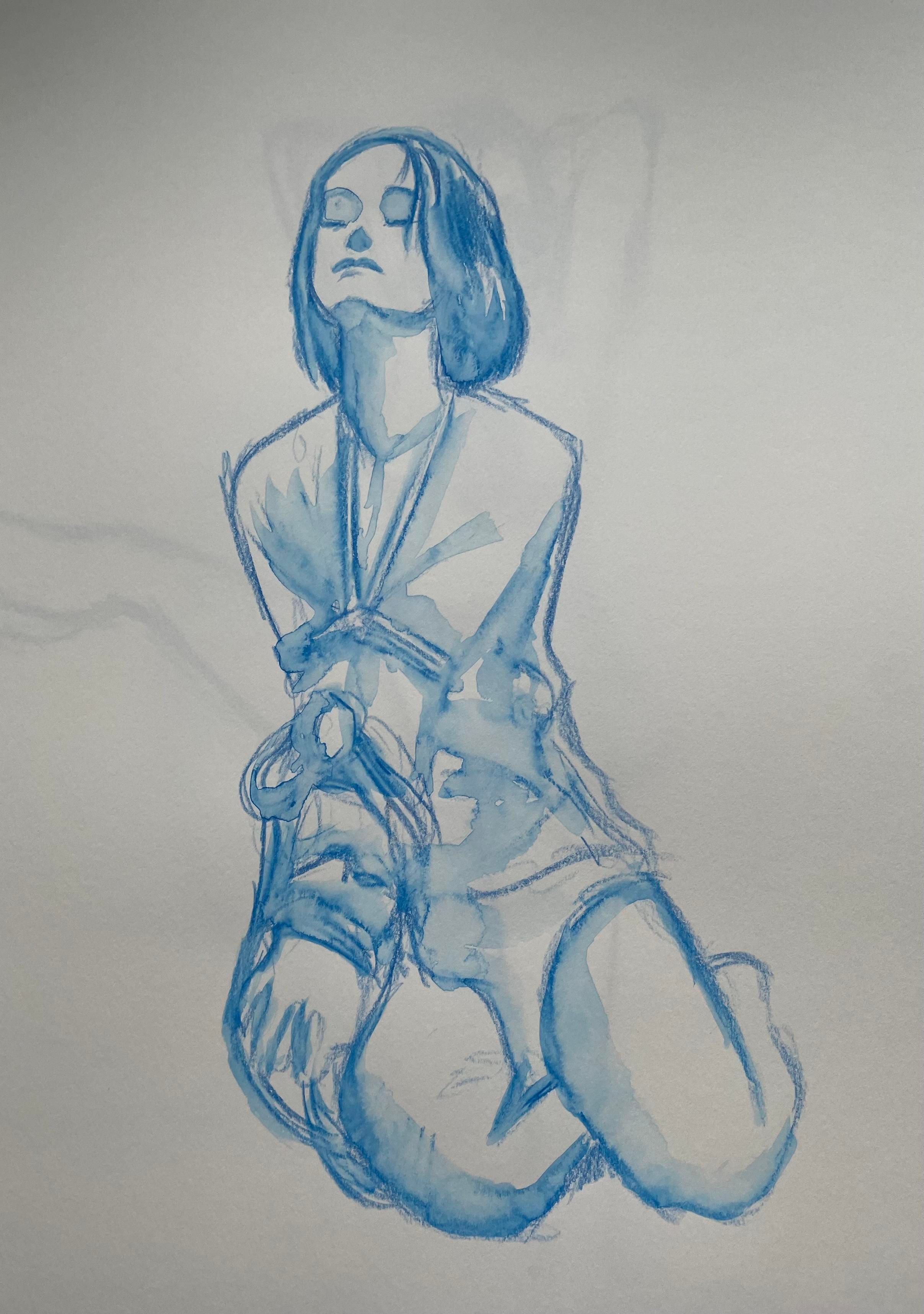 A figure drawing of a nonbinary person in blue watercolour pencil. They have their head tilted back and eyes closed, they’re wearing a white shirt and their arms have been tied together. They’re sitting on their legs.